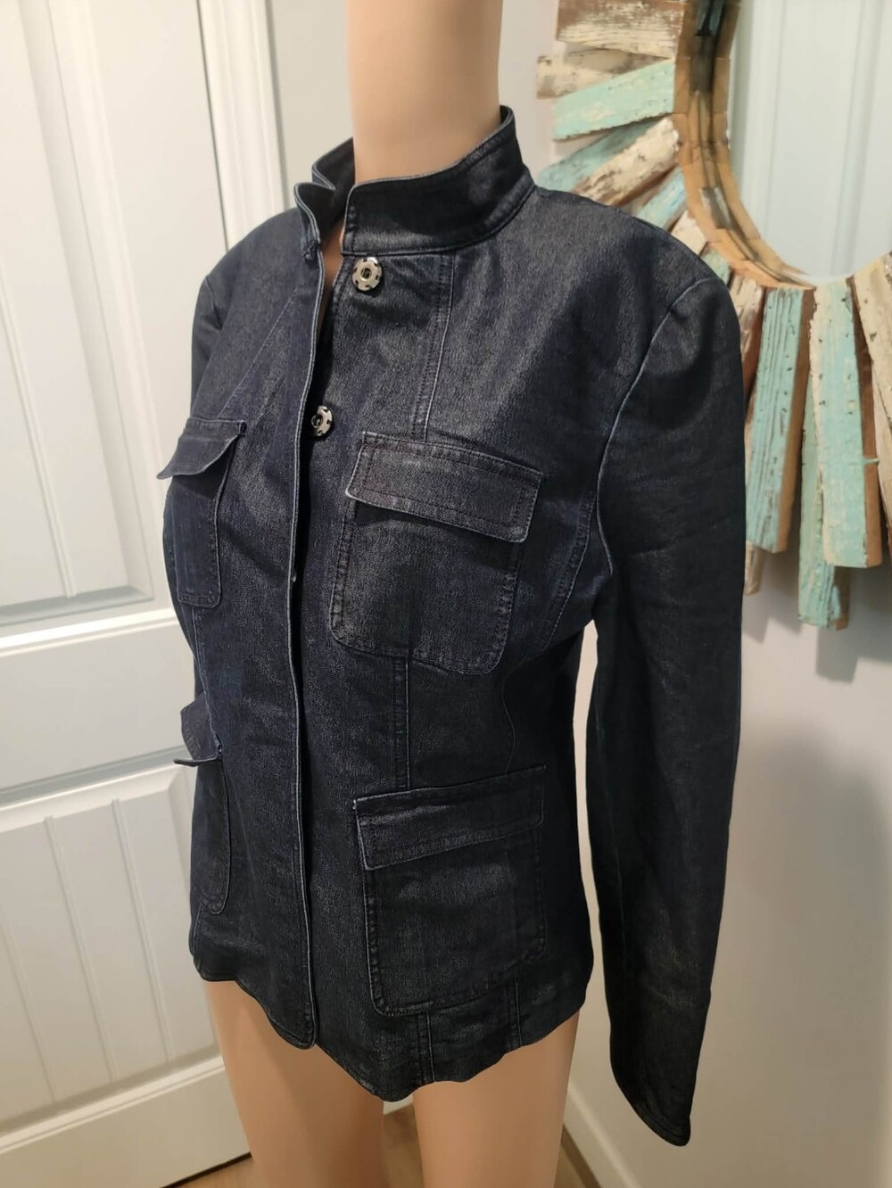 Josephine Chaus Size 6? Dark Denim Utility Blazer w/4 Flap Pockets & Band Collar